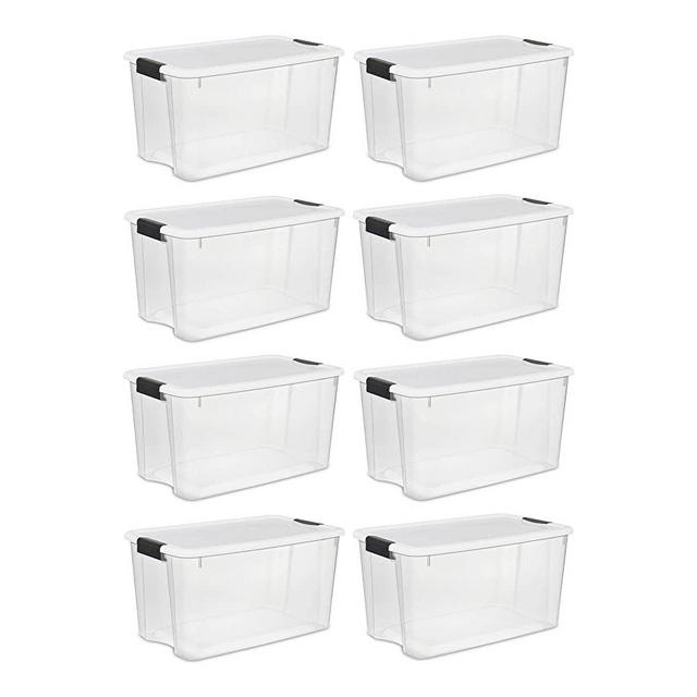 Sterilite 70 Quart Ultra Clear Plastic Stacking Storage Container Tote with Latching Lid for Home Organization in Garage, Attic, or Closets, 8 Pack