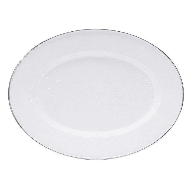 Golden Rabbit Enamelware Oval Platter, 12 x 16in, Solid White Textured