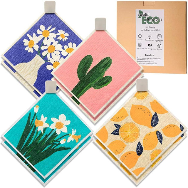 Eulnars Swedish Dishcloths for Kitchen, 8 Pack Reusable Paper Towels Washable, Quick Drying Dish Towels, Super Absorbent Cellulose Sponge Cloths, Odorless, Essential Kitchen Gadgets