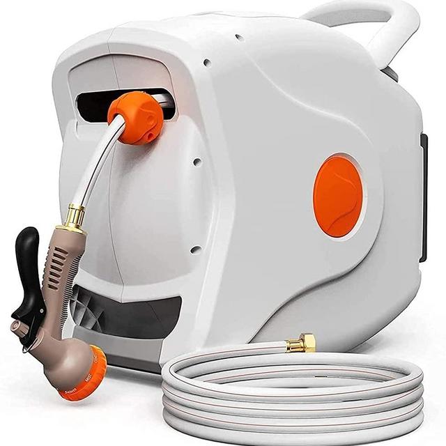 Garden Retractable Hose Reel, Any Length Lock, 100+6.7 FT 1/2inch,Automatic Rewind Wall Mounted Reel with 8 Patterns Hose Nozzles, Brass Connector, 180Degree Garden Watering & Car Washing Generi005