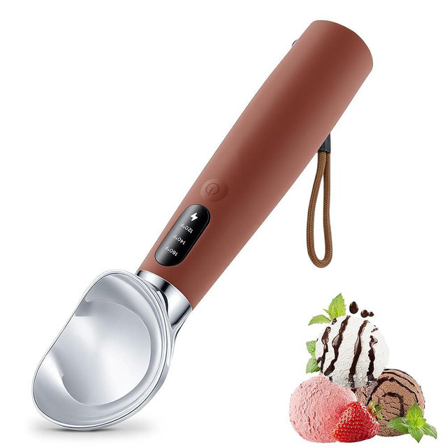 VRAIKO Heated Ice Cream Scoop | Electric Icecream Scooper with 3-Level Adjustable Heats - 120/140/160℉, LED Display, 2600mAh Capacity, Rechargeable | for Hard Ice Cream and More (Brown)