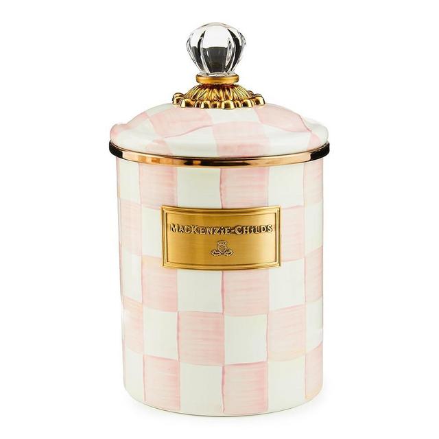MACKENZIE-CHILDS Rosy Check Enamel Canister, Medium Enamelware Storage Canister with Lid, Cute Coffee or Sugar Container, 64 Ounces