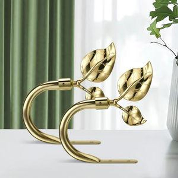 HIKMLK Leaf Shaped Curtain Holdbacks 2pcs, Handmade Metal Curtain Side Holders for Wall, Bright Gold Curtain Tieback Hook Pull Backs for Drapes Window Home Decoration (Gold)