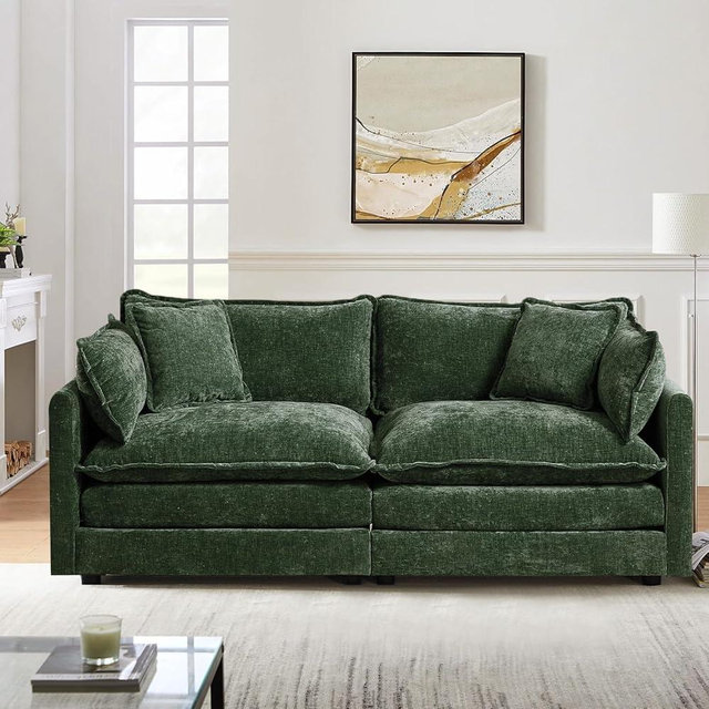 VICBARLEY Modular Sectional Sofa with 2 Seat 76.7" Convertible Chenille Couch with 2 Armrest Pillows and 2 Throw Pillow for Living Room,Office,Apartment,Green