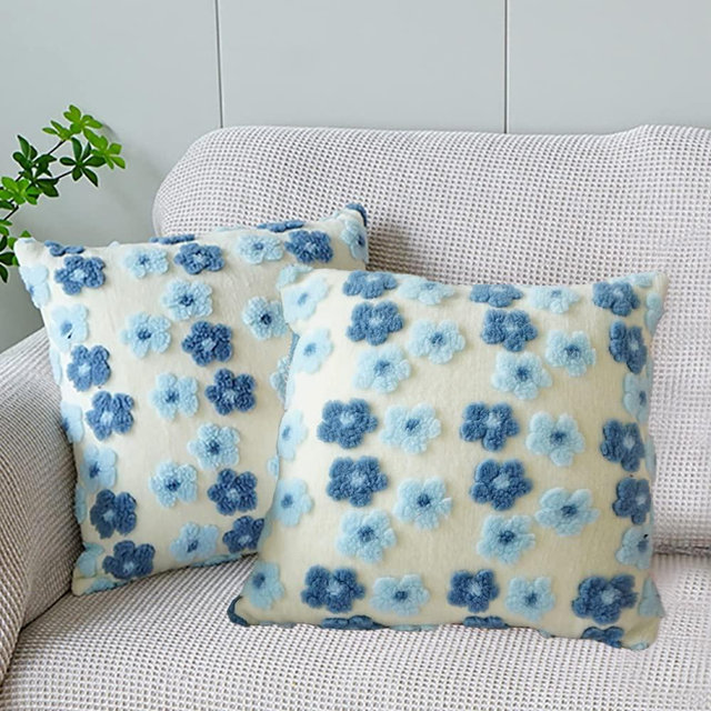 SKXKJian Soft Decorative Throw Pillow Covers 18x18 Cute Faux Fur Plush Pillow Covers Set of 2 Square Jacquard Pillowcase Cushion for Sofa Bedroom Living Room Christmas Plum Blossom Blue x2