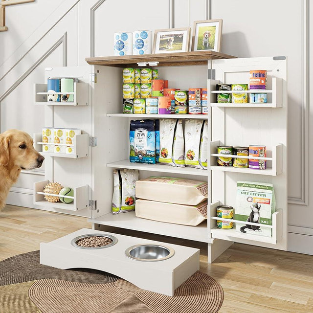 FIMELLO 32.2" H Dog Feeding Station with Storage, Dog Feeder Station with 2 Feeding Bowls, Adjustable Shelf, Pet Storage Cabinet Organizers for Cats and Dogs, Oak and White Grain