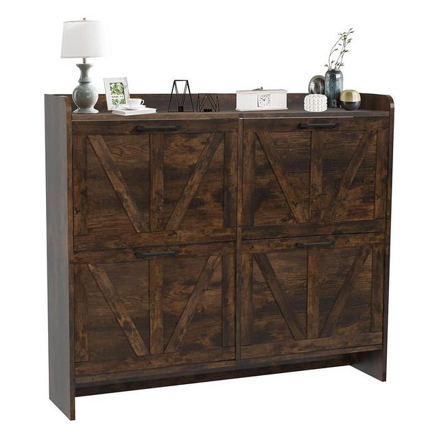 VINYUSE Shoe Cabinet with 4 Flip Drawers, Shoe Storage Cabinet for Entryway, Freestanding Hidden Shoe Cabinet Organizer with Open Storage, Narrow Shoe Rack with Legs, Rustic Brown