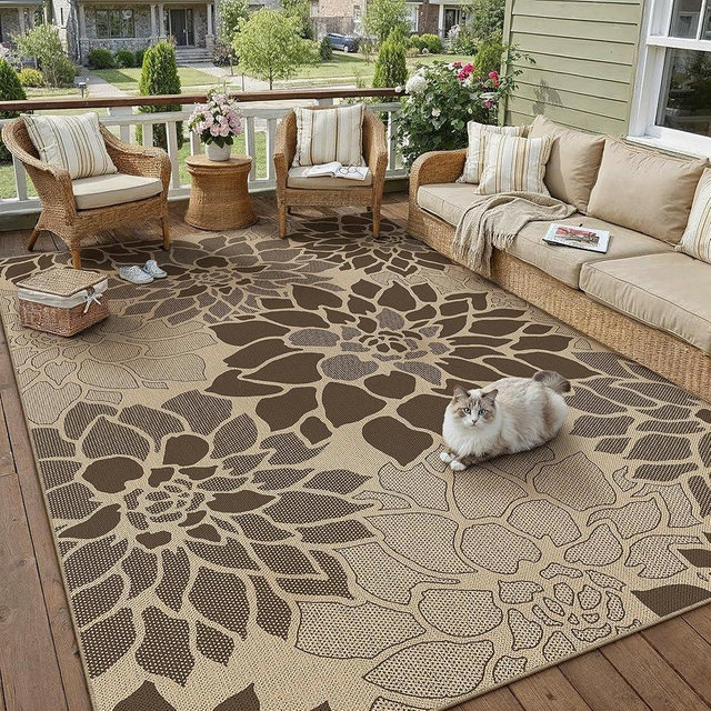 PureCozy 8x10 Easy Jute Outdoor Rug Brown Floral Textured Indoor Outdoor Area Rug Farmhouse Patio Carpet for Backyard, Patio, Porch, Easy-Cleaning, High Traffic, Pet-Friendly, Non-Shedding