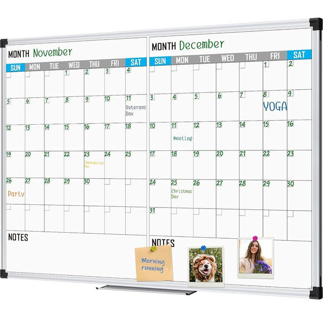 XBoard Magnetic Calendar Whiteboard 48" x 36" - 2 Month Dry Erase Board, White Board + Colorful Calendar Board, Silver Aluminium Framed Monthly Planning Board