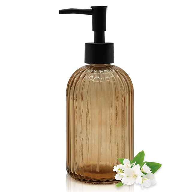 14oz Amber Glass Soap Dispenser with Black Pump – Refillable for Hand Soap, Dish Soap, Lotion, Suited for Kitchen, Bathroom & Laundry Room (Brown)