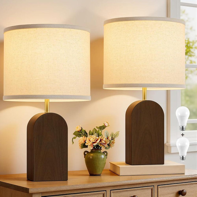 EJIAXIN Wood Table Lamps Set of 2-19" Walnut Farmhouse Bedside Lamp with Adjustable Color Temperatures - Modern Rustic Linen Lampshade Nightstand Lamps for Bedroom Living Room Office, Bulbs Included