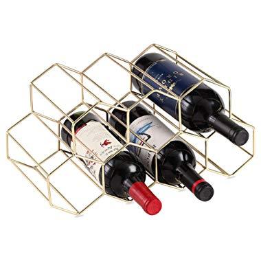Buruis 7 Bottles Metal Wine Rack, Countertop Free-stand Wine Storage Holder, Space Saver Protector for Red & White Wines - Gold
