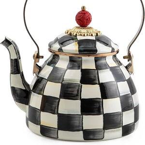 MACKENZIE-CHILDS Enamel Tea Kettle, Stylish Tea Kettle for Stovetop, Black-and-White Courtly Check, 2 Quarts