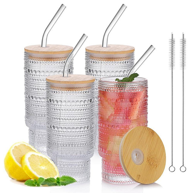 16oz Glass Cups with Lids and Straws,Vintage Glass Tumblers for Iced Coffee Cups,Juice,Smoothies,Dishwasher Safe & Car Cup Holder Fit for Home/Office/Gifts