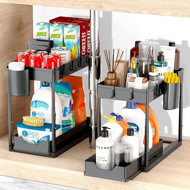 EPSY Adjustable Height Under Sink Organizers and Storage 2 pack - Sliding Drawers Under the Sink Cabinet Organizer - 2 Tier Under Kitchen Bathroom Sink Organizers And Storage - 2 Cups and 4 Hooks