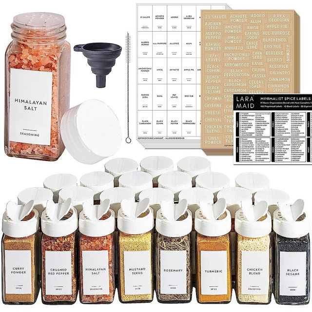 Laramaid 4oz 36Pack Glass Jars with 304 Minimalist White Premium Spice Labels, White Plastic Shaker Lid Dispenser, Black Chalk Marker, Cleaning Brush and Collapsible Silicone Funnel Complete Spice Jar Set