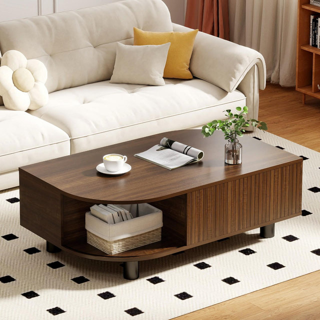 Skyzoo Wood Coffee Table with Storage & Fluted Sliding Doors for Living room, Unique Leaf-Shaped Design, Walnut