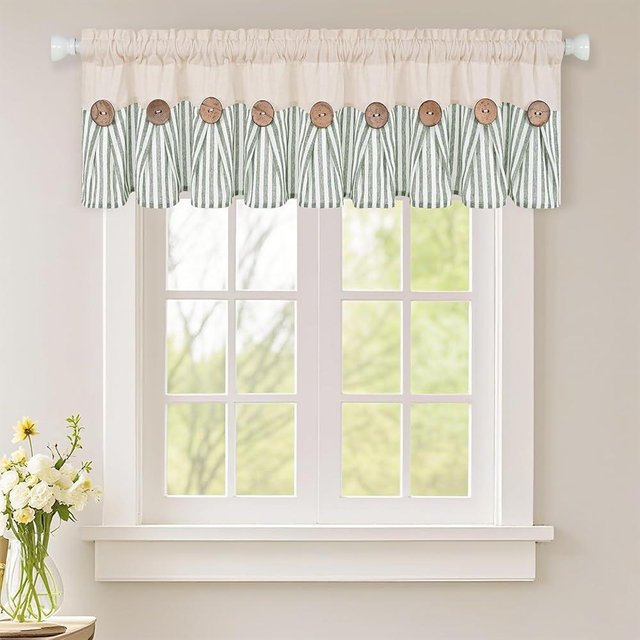 ASPMIZ Cotton Linen Kitchen Curtains Valance, Boho Rustic Button Valances for Windows Farmhouse Style, Green Stripe Window Valances for Bathroom Cafe, Tie Up Valance for Kitchen Windows, 60 x 14 Inch