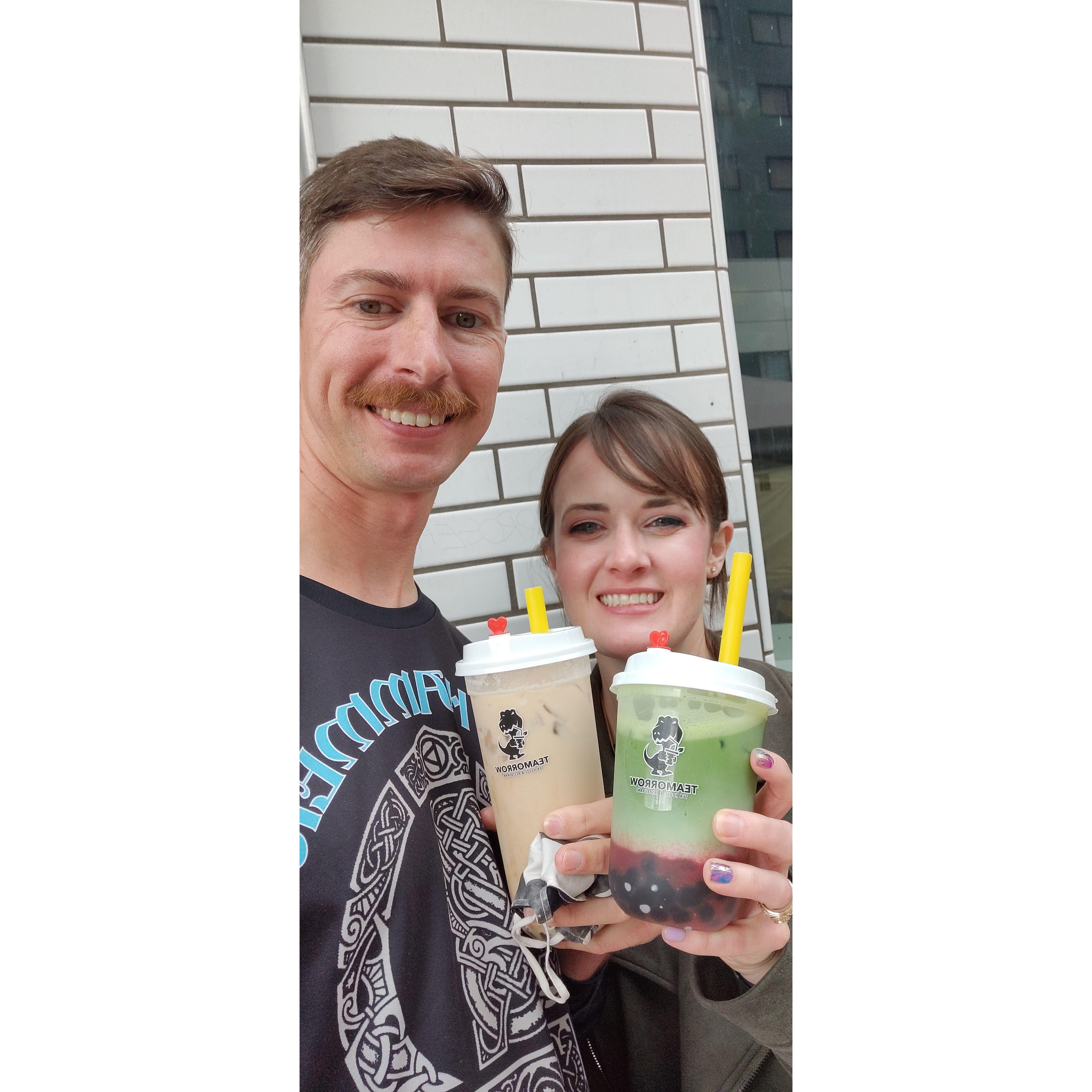 Enjoying one of our favorite past times; drinking Boba Tea; Jan. 2022
