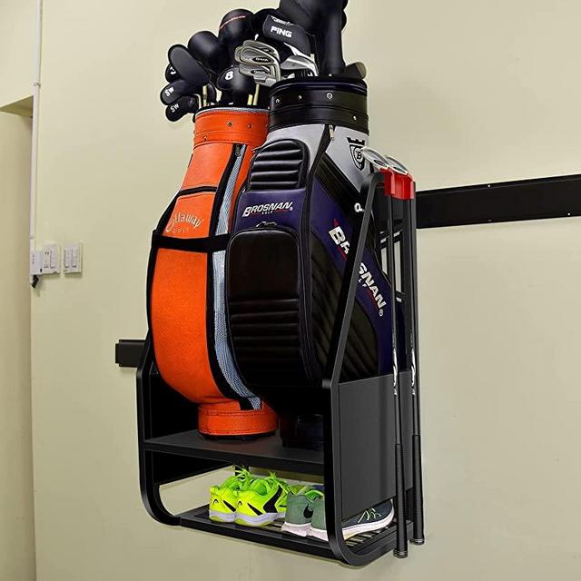 WALMANN Wall Mount Golf Bag Organizer Extra Large 2 Golf Bags Stand Golfing Equipment and Accessories Storage Rack for Garage Shed Basement