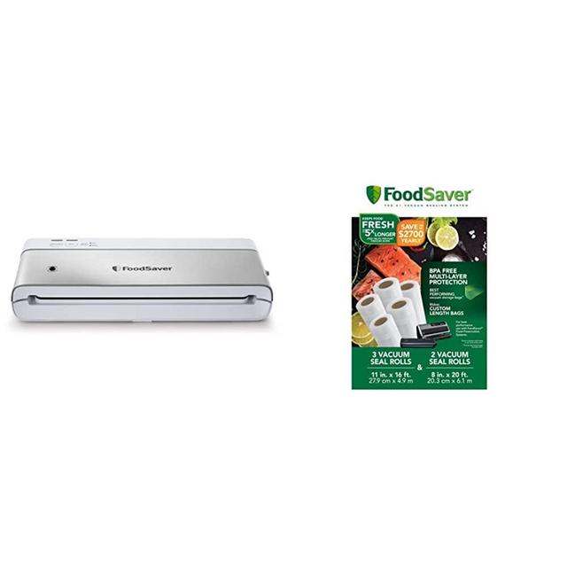 FoodSaver VS0160 PowerVac Compact Vacuum Sealing Machine, White & 8" and 11" Vacuum Seal Rolls Multipack, Make Custom-Sized BPA-Free Vacuum Sealer Bags, Multi-Pack, Clear