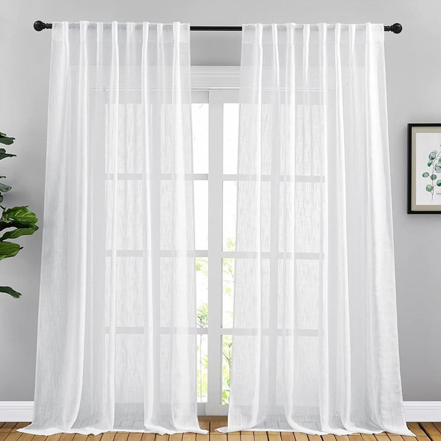 NICETOWN White Semi Sheer Linen Curtains for Living Room, Rod Pocket & Back Tab Faux Linen Privacy Window Treatments with Light Filtering for Bedroom/French Door, W66 x L108, 2 Panels