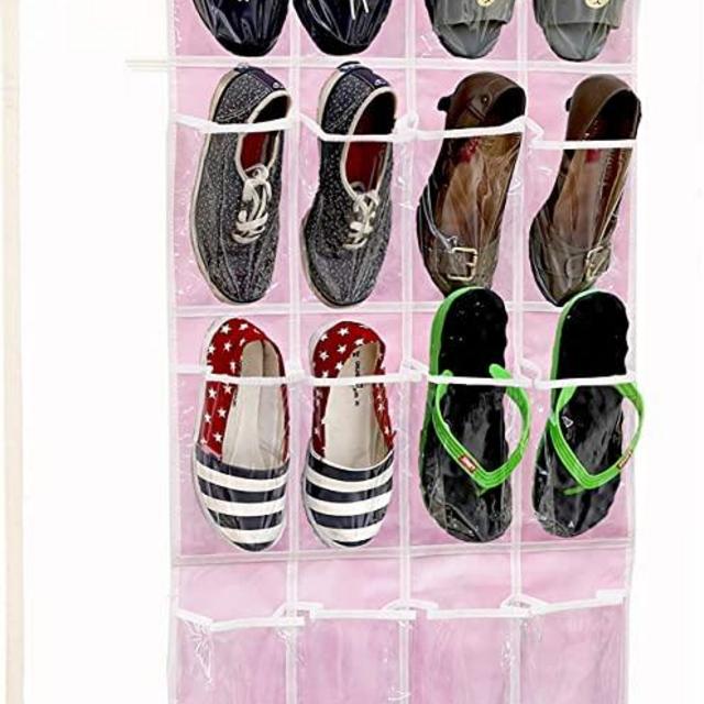 24 Pockets - SimpleHouseware Crystal Clear Over The Door Hanging Shoe Organizer, Pink