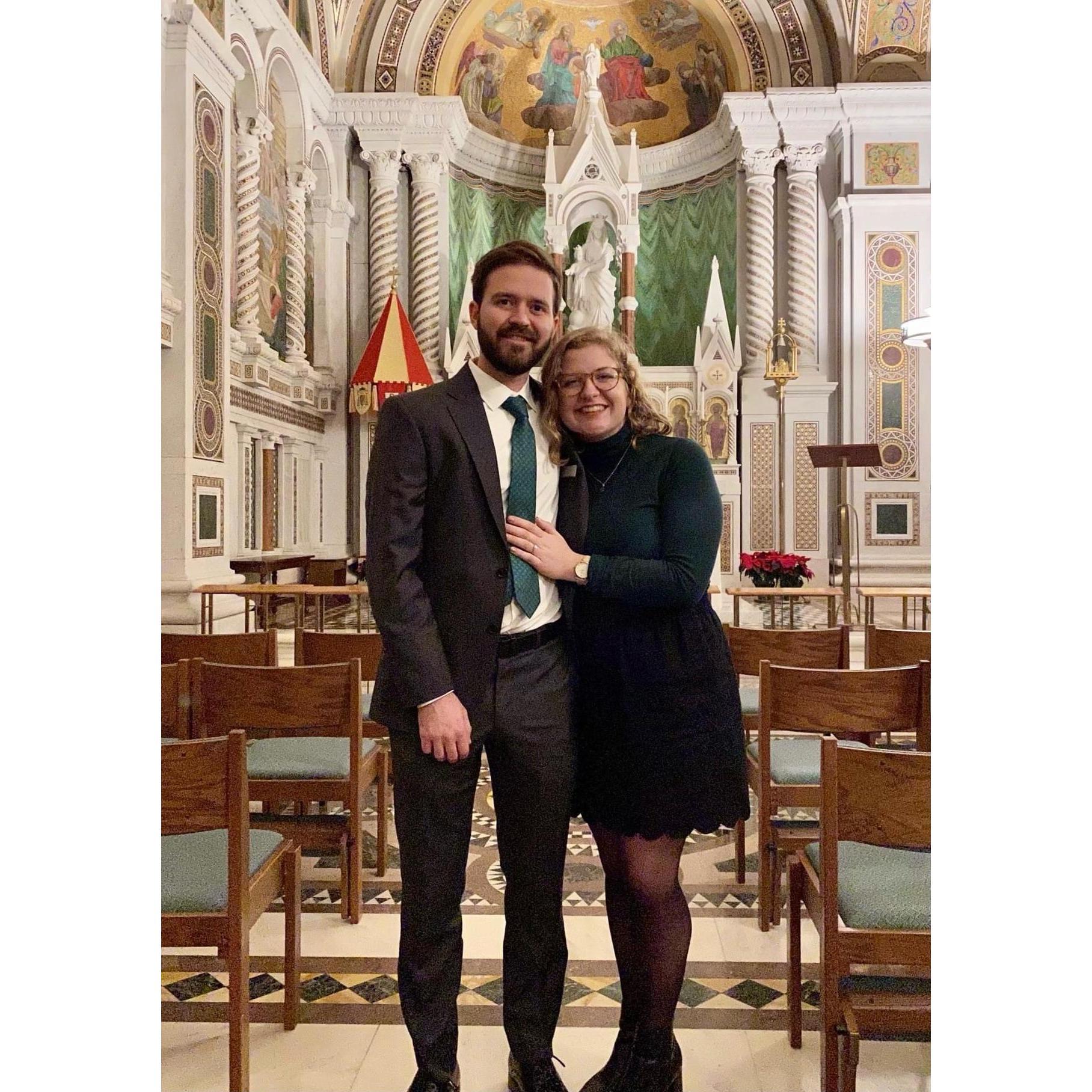 Austin proposed to Madison before the statue of Mary (shown in the background) in this side chapel at the Basilica Cathedral in St. Louis, MO. Austin was cool as a cucumber (NOT).