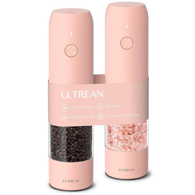 Ultrean Electric Pepper Grinder, Rechargeable Salt and Pepper Grinder with 6 Adjustable Coarseness, LED Light, One-Hand Automatic Operation, Pink