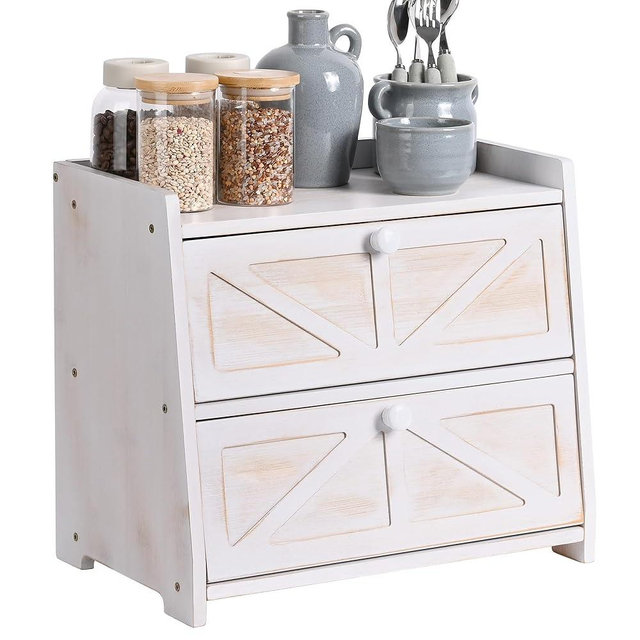 Ollieroo Vintage Double Layer Bread Box for Kitchen Countertop, Bamboo Bread Storage Container, Breadbox for Homemade Bread, Large Capacity Bread Bin(White)