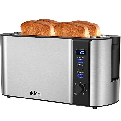 IKICH 4 Slice Toaster, Clear LED Display, Long Slot Toaster with 6 Shade Selectors, Single Reheat Cancel and Defrost Buttons, Warming Rack, Stainless Steel Toaster, Slide-Out Crumb Tray, Auto-Shutoff