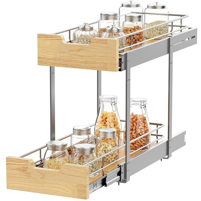 Sikarou Pull Out Cabinet Organizer,Heavy-Duty Slide Out Shelf, Wood and Wire Basket, Pull Out Drawer for for Kitchen Under Sink Space, Pantry, Bathroom, 2 Tie 9 * 21 in