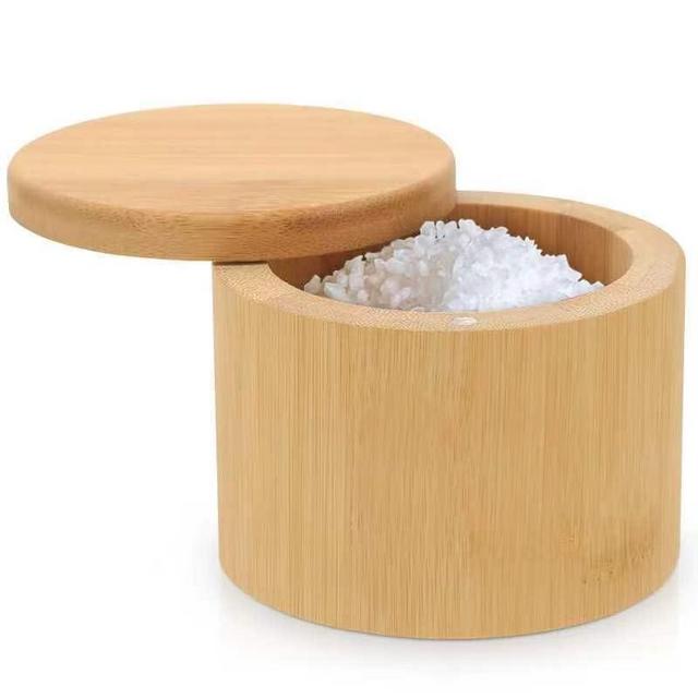 karmiero Salt Cellar, Bamboo Salt Container with Lid, Solid Salt Box Holder with 360° Swivel Lid for Countertop to Store Pepper Spice, Elegant Flaky Salt Containers Bowl on Your Kitchen, 6OZ