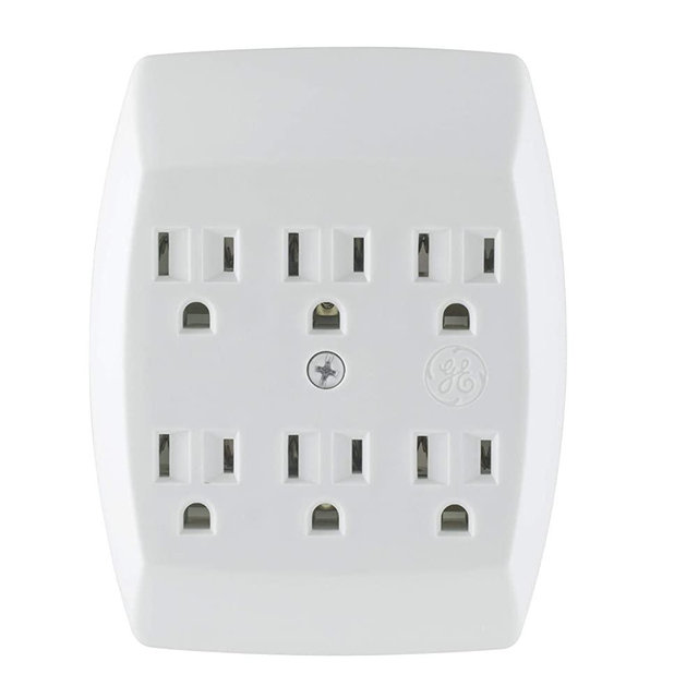 GE 6 Outlet Adapter, 3 Prong Outlets, Grounded, Wall Charger, Charging Station, White, 54947