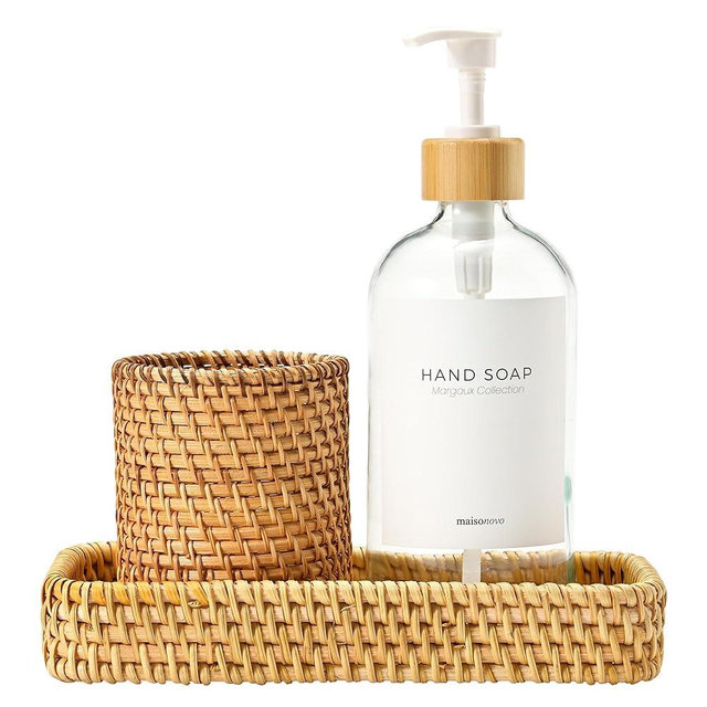 MaisoNovo Rattan Bathroom Set - Clear Countertop Dispenser, Toothbrush Holder & Toothpaste Cup with Tray - Set of 3 - Rattan Bathroom Vanity Trays Rectangle for Storage
