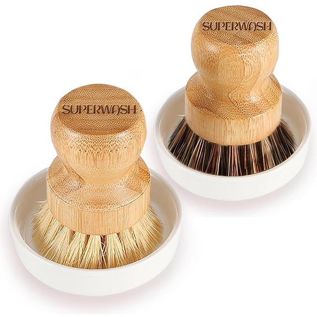 SUPERWASH PLUS Bamboo Brush Dish Scrubber Clean Pan and Vegetable, Natural Bristles Palm Pot Brush 2 Pack Round Mini Dish Brush with 2 Ceramic Dish for Kitchen Sink Cleaning