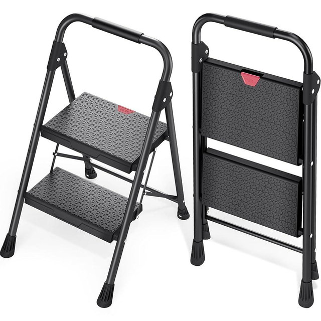 KINGRACK 2-Step Ladder, 800lbs Folding Step Stool with Anti-Slip Wide Pedals and Handrail, Sturdy Steel Ladder for Home, Kitchen, Indoor & Outdoor, Black