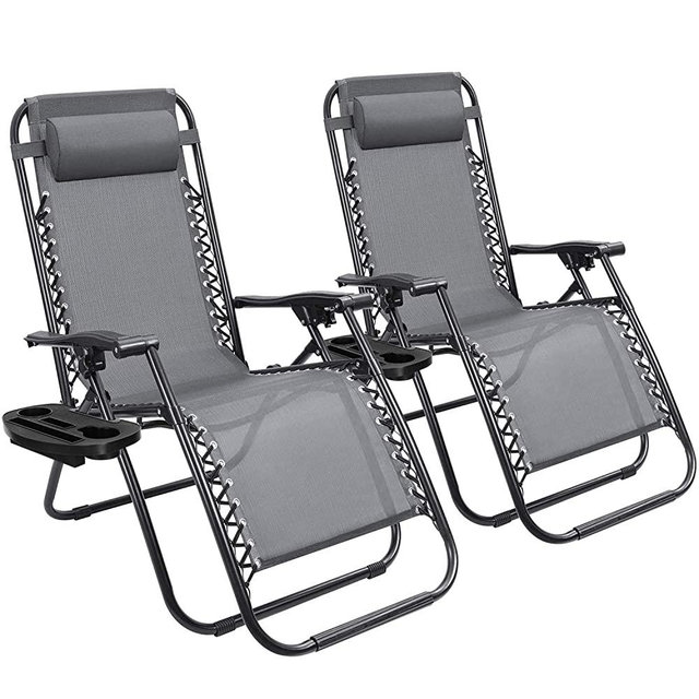 Devoko Patio Zero Gravity Chair Outdoor Folding Adjustable Reclining Chairs Pool Side Using Lawn Lounge Chair with Pillow Set of 2 (Grey)