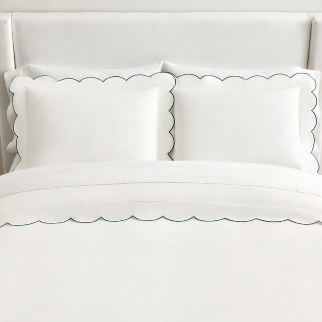 Scalloped Embroidered Duvet Cover, White/Chambray, Full/Queen