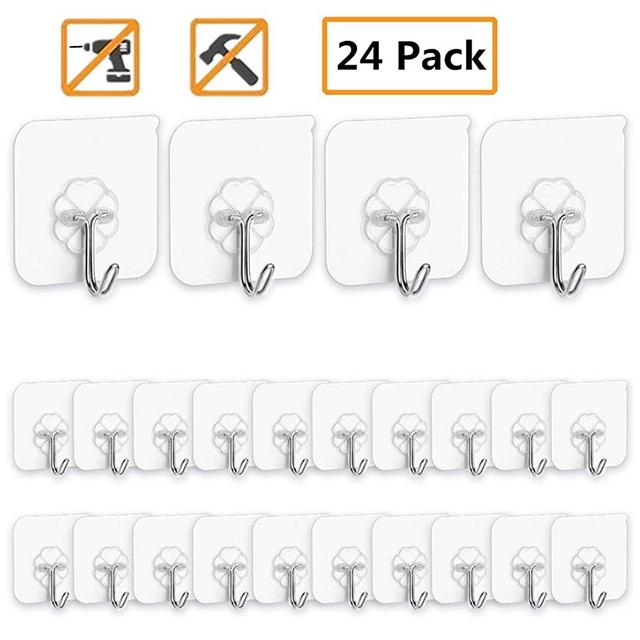 Adhesive Hooks Kitchen Wall Hooks- 24 Packs Heavy Duty 13.2lb(Max) Nail Free Sticky Hangers with Stainless Hooks Reusable Utility Towel Bath Ceiling Hooks (Adhesive Hooks)