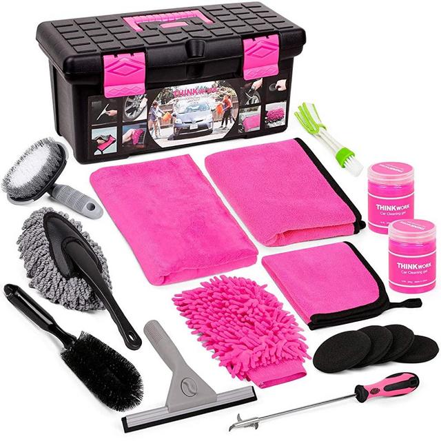 Car Wash Kit, Pink Car Cleaning Kit Interior and Exterior, Car Accessories for Women - Cleaning Gel, Microfiber Cleaning Cloth, Car Wash Mitt, Duster, Squeegee, Microfiber Wax Applicator(17pcs)