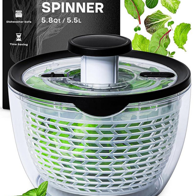 BASSWOOD Pump Salad Spinner with Bowl and Colander - Quick and Easy Multi-Use Lettuce Spinner, Vegetable Dryer, Fruit Washer, Pasta and Fries Spinner - 5.8 Qt