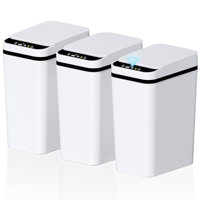 jinligogo 3Pack Bathroom Small Trash Can with Lid, 2.2 Gallon Touchless Automatic Garbage Can Slim Waterproof Motion Sensor Smart Trash Bin for Bedroom, Office, Living Room (White)