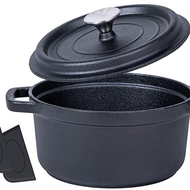 Pre-Seasoned Cast Iron Dutch Oven Pot, for Cooking, Basting, or Bread Baking - Lid and Dual Loop Handle - w/Silicone Accessories, 5.2 Quarts