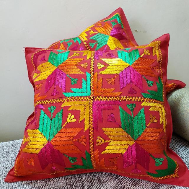 Red Throw Pillow Cover Embroidered With Traditional Indian Design In Gold, Pink, Green and Orange - Punjabi Phulkari Needlework Cushion