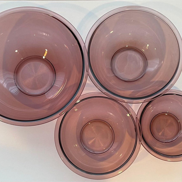 4 Vintage Pyrex Cranberry Glass Mixing Bowls Full Set of 4 Batter Bowls Made in USA by Pyrex in the 1990's Retro Pyrex