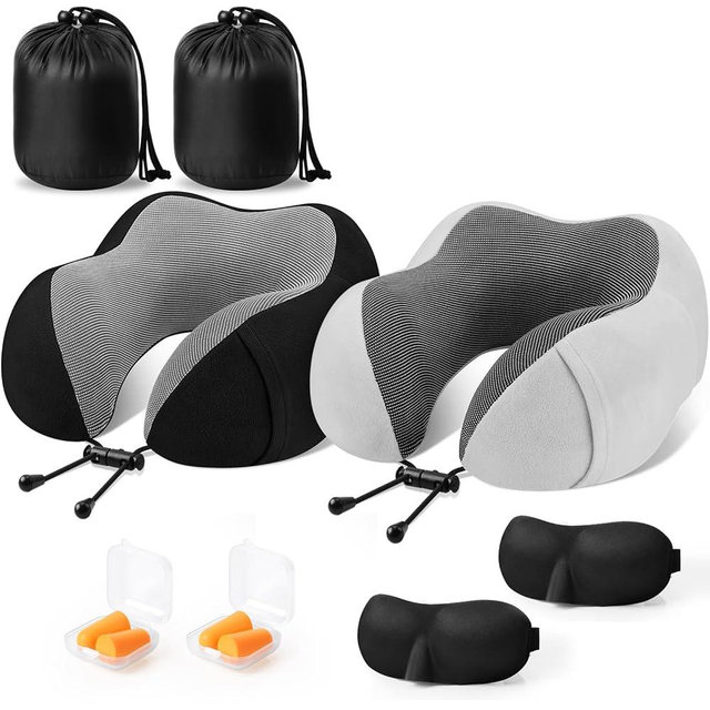 CloudBliss Travel Pillow Premium Memory Foam, Comfortable & Supportive Neck Pillow, Neck Pillows for Sleeping Travel, Airplane Pillow for Sleeping Airplane, Car, Office and Home（Black & Dark Grey）