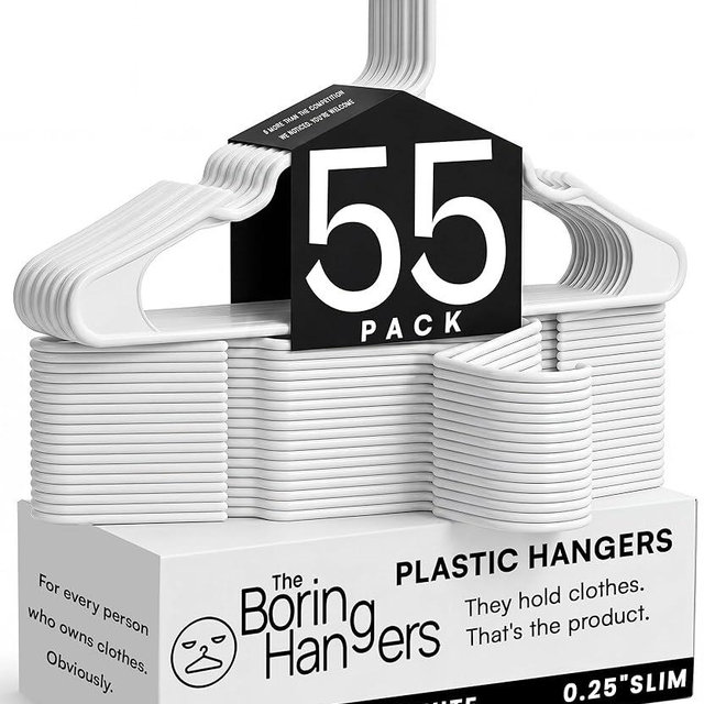 The Boring Hangers White Plastic Hangers 55 Pack - 10 lb Heavy Duty Plastic Clothes Hangers for Closet - 0.25" Thin, Slim & Space Saving White Coat Hangers for Shirts, Dresses, Jackets, Pants