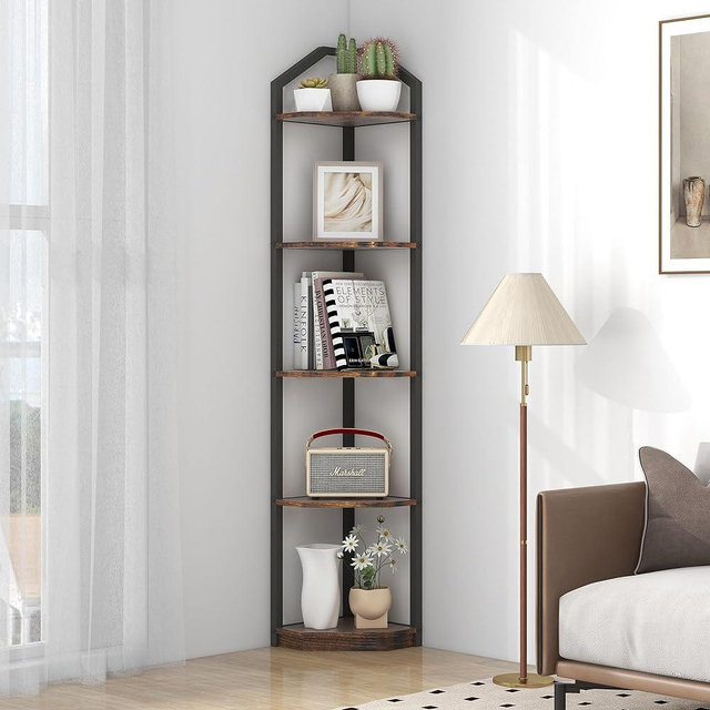Fun Memories 5 Tier Corner Shelf, 70” Corner Shelf Stand, Corner Bookshelf Plant Stand, Storage Shelf for Bathroom, Living Room, Kitchen,Brown Home Office, Rustic Brown