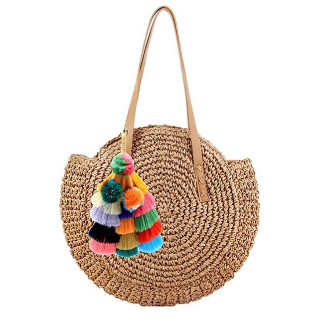 Abuyall Women Round Straw Shoulder Bag Weave Summer Beach Top Handle Handbag